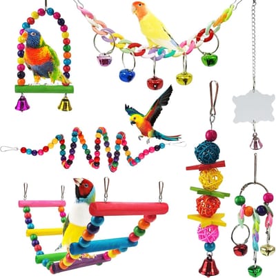 7-Delige Parkiet Speelgoedset – Vogelladders - Vogelkooi Vogel Speelgoed Set - Papegaai Speelset - Vogelschommel - Ladder - Bal met bel - Kleurrijk Houten Kooispeelgoed - voor Parkieten en Lovebirds