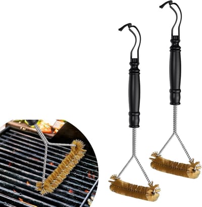Set van 2 Grillborstels van Messing voor Grondige Reiniging van Barbecue, Geschikt voor Gietijzeren Roosters en Houtskool- en Gasgrills