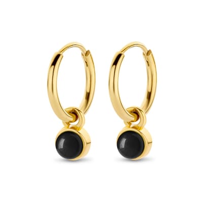 CO88 Collection Oorbellen Dames - Oorringen Met Hanger - Natuursteen - Ø7mm Agaat - 16x2mm - Zwart - Staal - Goudkleurig - 8CE-70420