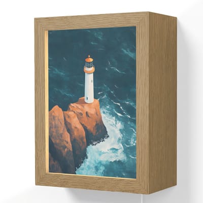 Wandlamp 15x20 cm - Oplaadbaar - Vuurtoren - Rots - Zee - Golven - Wandlampen binnen woonkamer - Slaapkamer lamp met kabel - Decoratieve nachtlamp - Vloerlamp snoer