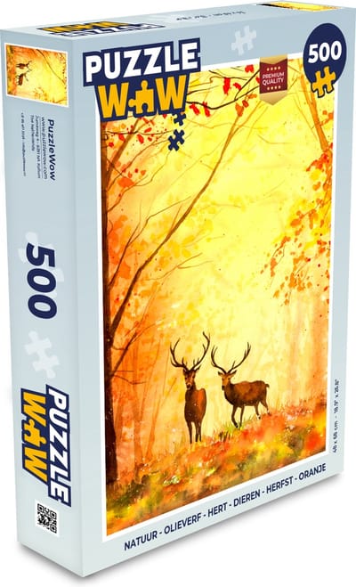 Puzzel Natuur - Olieverf - Hert - Dieren - Herfst - Oranje - Legpuzzel - Puzzel 500 stukjes