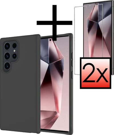 Hoesje - Met 2x Screenprotector - Geschikt voor Samsung Galaxy S24 Ultra - Sterk & Shockproof - Back Cover - Siliconen Case - Telefoon Hoes - Zwart