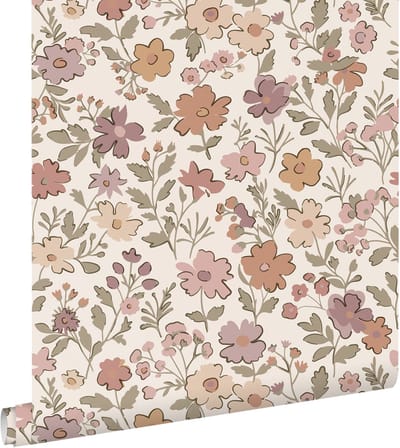 ESTAhome behang bloemetjes mauve paars, vergrijsd groen en terracotta - 53 cm x 10.05 m - 131328