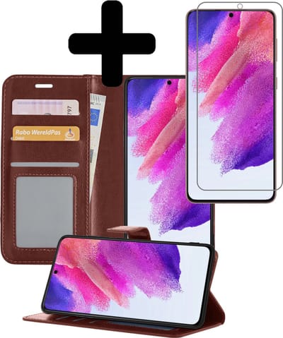 Hoesje - Met Screenprotector - Geschikt voor Samsung Galaxy S21 FE - Luxe Pasjeshouder - Bookcase Portemonee - Flip Case - Kunstleer Book Case - Flipcase - Book Cover - Walletcase - Portemonneehoes - Telefoonhoesjes - Bruin