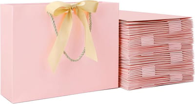 Papieren Zakken - Cadeautasjes met Lint - Feestelijke Verpakking - Stevig 230GSM Kraft - Medium 27x8x21cm - Roze