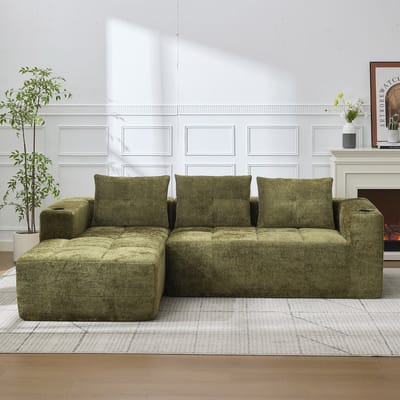 Wishdor Bank - Ruime Zitdiepte En Bekerhouders - Minimalistisch - Woonkamer - Chenille Bekleding - Groen - 258 Cm