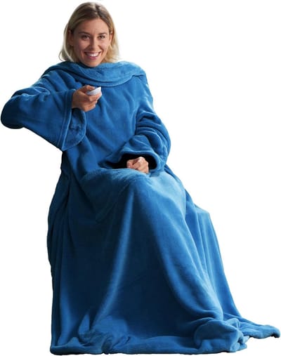 Knuffeldeken met Mouwen en Voettas - Microvezel TV-deken 150 x 180 cm - Blauw Coral Fleece