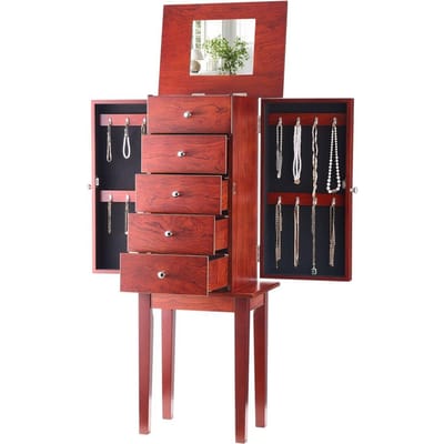 Armoire à Bijoux, Coffre de Rangement à Bijoux en Bois sur Pied avec 4 Tiroirs Spacieux, Miroir Rabat sur le Dessus, 4 Compartiments de Rangement Supérieurs, Poignées en Alliage de Zinc,