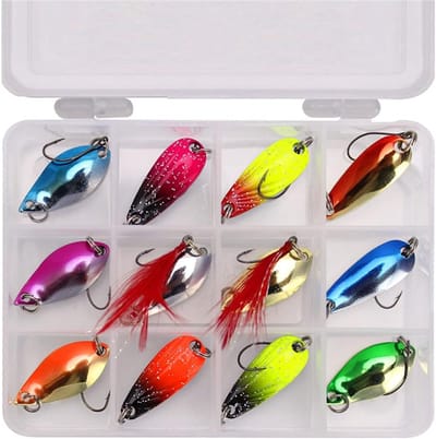Vislepel Lokaasset - Metalen Aas - Forel Vissen - 12 Delige Set - 11x9x2cm - Assorti