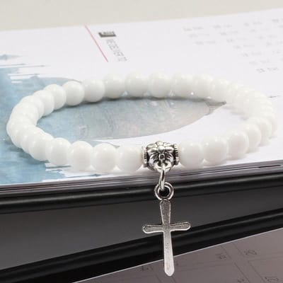 Kralen Armband met Kruisje - Bijoux - Wit - Armbanden Heren Dames Kruis - Papa Cadeau Voor Mannen - Vaderdag