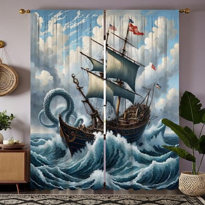 2 pièces de rideau décoratif de voilier de mer haute définition Bleu attache rideau imprimé numérique décoration de style décoration de maison li W52H63inchW132H160cm gray