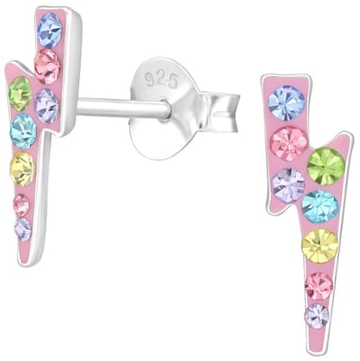 Joy|S - Zilveren bliksem oorbellen - 4 x 11 mm - roze met multicolor kristal - kinderoorbellen