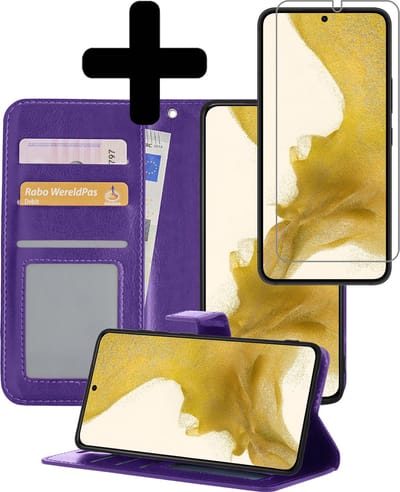 Hoesje - Met Screenprotector - Geschikt voor Samsung Galaxy S22 - Luxe Pasjeshouder - Bookcase Portemonee - Flip Case - Kunstleer Book Case - Flipcase - Book Cover - Walletcase - Portemonneehoes - Telefoonhoesjes - Paars