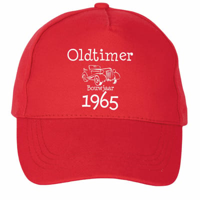 Mijncadeautje - 5 panel - Cap - Verstelbaar - Pet van 100% dik geborsteld katoen- unisex - opdruk wit - Oldtimer 1965 - rood