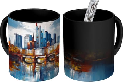 Magische Mok - Foto op Warmte Mokken - Koffiemok - Bomen Frankfurt- Stad - Skyline - Brug - Magic Mok - Beker - 350 ML - Theemok