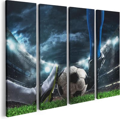 Artaza Canvas Schilderij Vierluik Voetbal Sliding Op De Bal In Het Stadion - 80x60 - Foto Op Canvas - Canvas Print