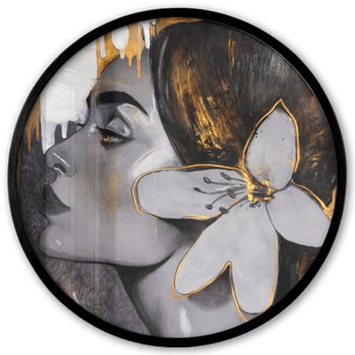 Poster in lijst Rond - Fotolijst 40x40 cm - Posters - Schilderij - Olieverf - Vrouw - Bloem - Goud - Ronde posterlijst zwart - Decoratie - Wanddecoratie woonkamer - Muurdecoratie slaapkamer