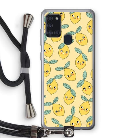 Case Company® - Hoesje met koord geschikt voor Samsung Galaxy A21s hoesje met Koord - Citroenen - Telefoonhoesje met Zwart Koord - Bescherming aan alle Kanten en Over de Schermrand