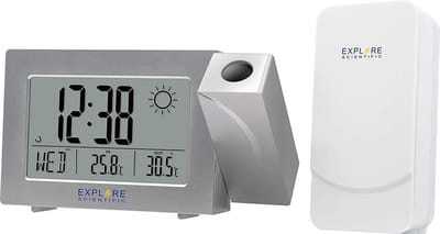 Explore Scientific RDW3008 | Radio gestuurde digitale projectiewekker | Groot Display | Weersvoorspelling | Dag aanduiding | Binnen – en buitenthermometer | Zilver