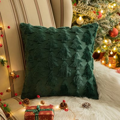 Qelus Kerstversiering Kussenhoes 45x45 cm - Zacht Pluche Kerstboom Borduurwerk - met Onzichtbare Rits - Zonder Binnenkussen - Decoratief voor Bank & Woonkamer - Groen