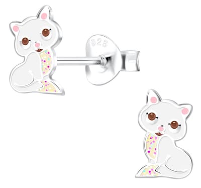 Joy|S - Zilveren kat poes oorbellen - 5 x 8 mm - wit met glitterbuikje - roze oortjes - kinderoorbellen