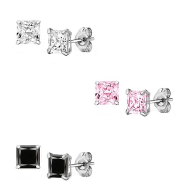 New Bling 929901027 Zilveren Oorbellen - Set van 3 Paar Oorknopjes - 3 Verschillende Kleuren - 6 mm - Roze - Zwart - Wit - Zirkonia - Vierkant - Zilver