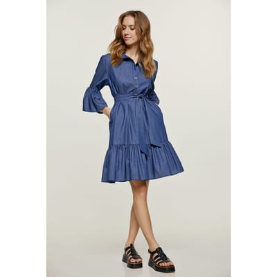 Denim Jurk met Klokmouwen en Ruches