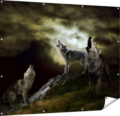 Gards Tuinposter Drie Huilende Wolven tijdens Volle Maan - 150x120 cm - Tuindoek - Tuindecoratie - Wanddecoratie buiten - Tuinschilderij