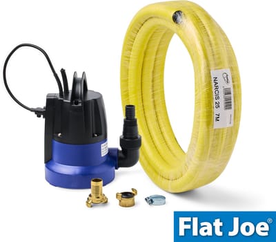 Flat Joe ® - SET - vlakzuigende dompelpomp tot 1mm - 7mtr Trico waterslang 1"(=25mm) - incl. geka's en slangklem - wateroverlast - FlatJoe - dweilpomp - vlakzuiger - kelderpomp - vlakzuigpomp - hoogwater set