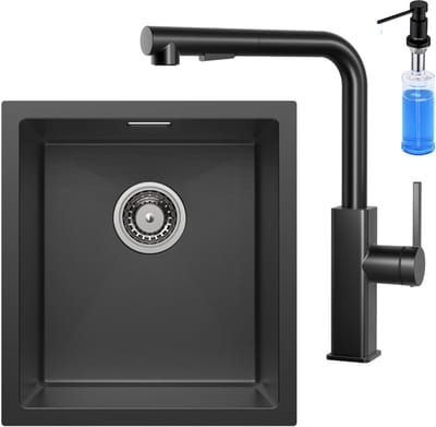 CECIPA max Spoelbak Antraciet 40x44CM - Spoelbak Keuken Met Keukenkraan - Spoelbakken Keuken Met Zeepdispenser 300ML - Wasbak Keuken - RVS