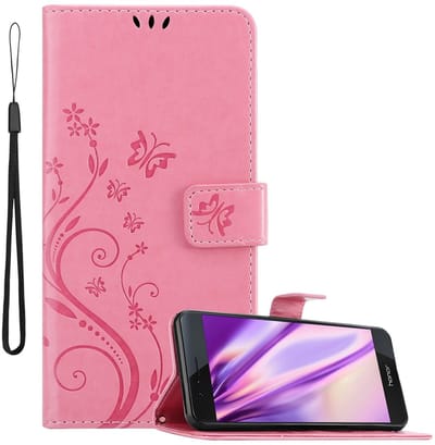 Cadorabo Hoesje geschikt voor Honor 8 / 8 PREMIUM in BLOEMEN ROZE - Beschermhoes in bloemmotief met magnetische sluiting, standfunctie en kaartsleuven Book Case Cover Etui