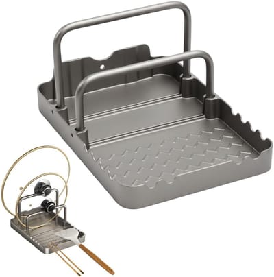 VHV - Pannendekselhouder - Snijplankhouder - Keuken organizer - Dekselhouder - Met lepelhouder - 2 compartimenten - Anti-slip - Voor aanrecht en bakplaten - 20*14*10cm - Grijs