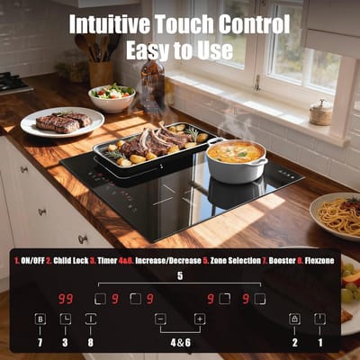 Inductiekookplaat 4 Zones met Flexzone en Touchscreen - 60 cm - Veiligheidsvergrendeling en Timer