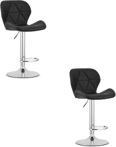 Set van 2 Barkrukken WEST – Kunstleer Zwart, Chromen Basis, Rugleuning, Verstelbare Hoogte, 360° Draaibaar, Comfortabele Voetsteun, Antislip Onderstel, Modern Design, Max. 110 kg