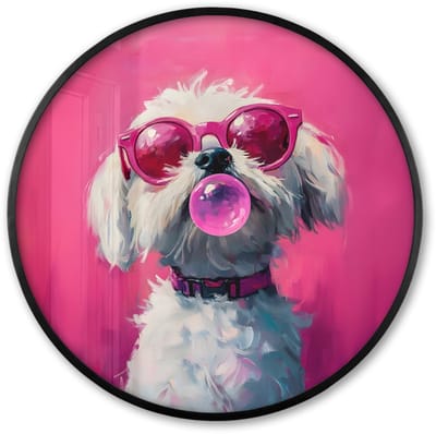 Poster in lijst Rond - Fotolijst 60x60 cm - Posters - Pink - Hond - Bubbel - Ronde posterlijst zwart - Decoratie - Wanddecoratie woonkamer - Muurdecoratie slaapkamer