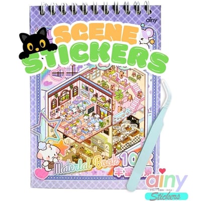 Ainy - Scene 3D Stickerboek Capibara Paars S | Inclusief Pincet | Set van 10 Achtergronden 10x14cm met PET Stickers | Capybara & Konijn miniatuur sticker | Creatief & Rustgevend vakantieboek | Stickervellen voor volwassenen en kinderen