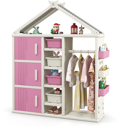COSTWAY Kinderrek in huisvorm met kledingstang, boekenrek voor kinderen, speelgoedrek met planken, zijmanden en 4 opbergdozen, speelgoedorganizer, speelgoedkast voor kinderkamer (roze)