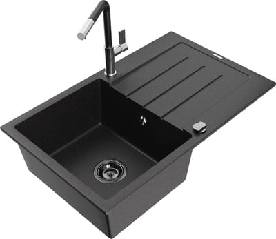 Mexen Bruno granieten spoelbak 1-kamer met afdruiprek en keukenmengkraan Flora, zwart/zilver metallic - 6513-73-670401-07-B