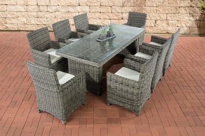 Tuinset 8 personen met tafel 199x90x75 cm en stoelen – Polyrotan dining set met glasplaat en kussens, weerbestendig – Luxe tuinmeubelset grijs/antraciet – Urbanhome