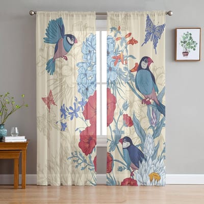 Vintage Bloemen En Vogels Tule Gordijnen voor Woonkamer Slaapkamer Decoratie Transparante Chiffon Sheer Voile Raamgordijn 1 PCS W100XH250cm&Rod Pocket