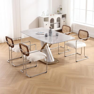 Eetkamerstoelen Set van 4 - Retro Witte Stoelen met Rotan Rugleuning, Gevoerde Zitting en Metalen Frame - 53x58x76 cm - Comfortabel, Duurzaam en Stijlvol - Voor Keuken, Woonkamer, Slaapkamer, Lounge - Laura