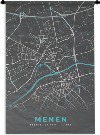 Wandkleed - Wanddoek - België – Menen – Stadskaart – Kaart – Blauw – Plattegrond - 120x180 cm - Wandtapijt