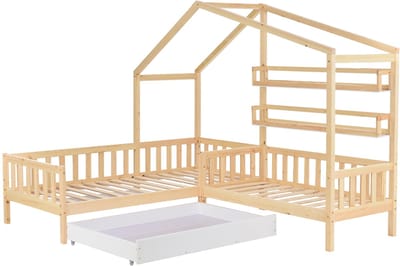 REDOM Huisbed L-vorm 90x200 + 140x70 cm – Massief hout naturel – Met laden & rekken – Ruimtebesparend