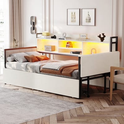 KOMHTOM - IJzeren slaapbank - 90 x 200 cm - met ledverlichting en opbergruimte - met lades en multifunctioneel stopcontact - uitklapbaar bureau - zachte rugleuning - eenpersoonsbed - wit