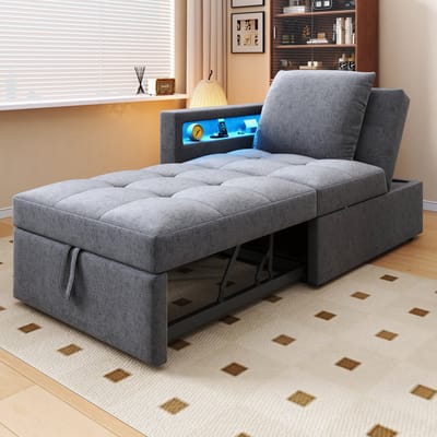 DESMIU Slaapbank 177 Cm - 3-In-1 Met Verstelbare Rugleuning, Ledverlichting En USB En Type-C - Voor Kleine Ruimtes - Linnen Lichtgrijs