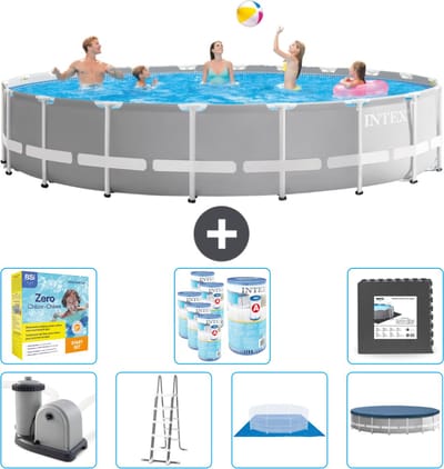 Intex Rond Prism Frame Zwembad - 610 x 132 cm - Grijs - Inclusief Pomp - Ladder - Grondzeil - Afdekzeil Onderhoudspakket - Filters - Vloertegels