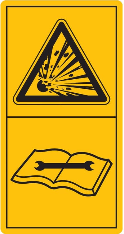 Combinatie-etiket drukreservoir staat onder gas- en oliedruk, bij wegnemen of reparatie technische handboek raadplegen 35 x 68 mm - staand