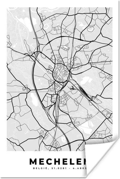 Poster Zwart Wit – België – Plattegrond – Stadskaart – Kaart – Mechelen - 120x180 cm XXL