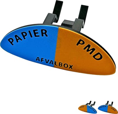 Vuilniszak Clips Afvalscheiding (2 Stuks) – Vuilnisbak Clips – 2-in-1 Prullenbak Verdeler Papier/PMD – Vuilniszak Klemmen met Kleurcodering – Prullenbak Clips – 3D Geprint