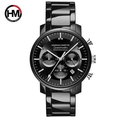 HANNAH MARTIN horloge met zwarte stalen polsband, zwarte wijzerplaat, zwarte horlogekast en zilveren wijzers voor heren met stijl ( model 1131 BB )